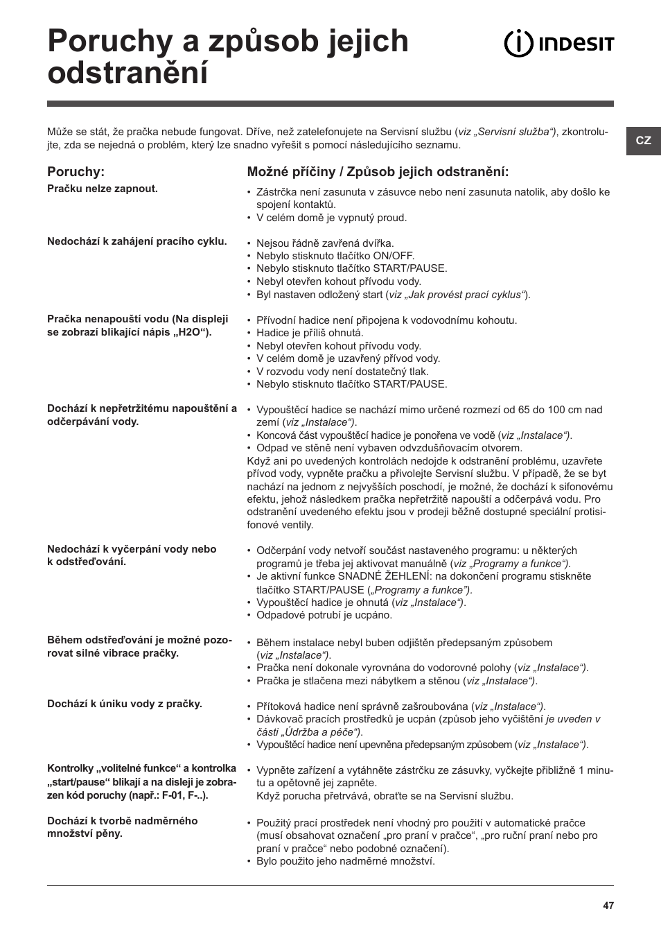 Poruchy a způsob jejich odstranění | Indesit IWSE-61281-C-ECO-EU User Manual | Page 47 / 84