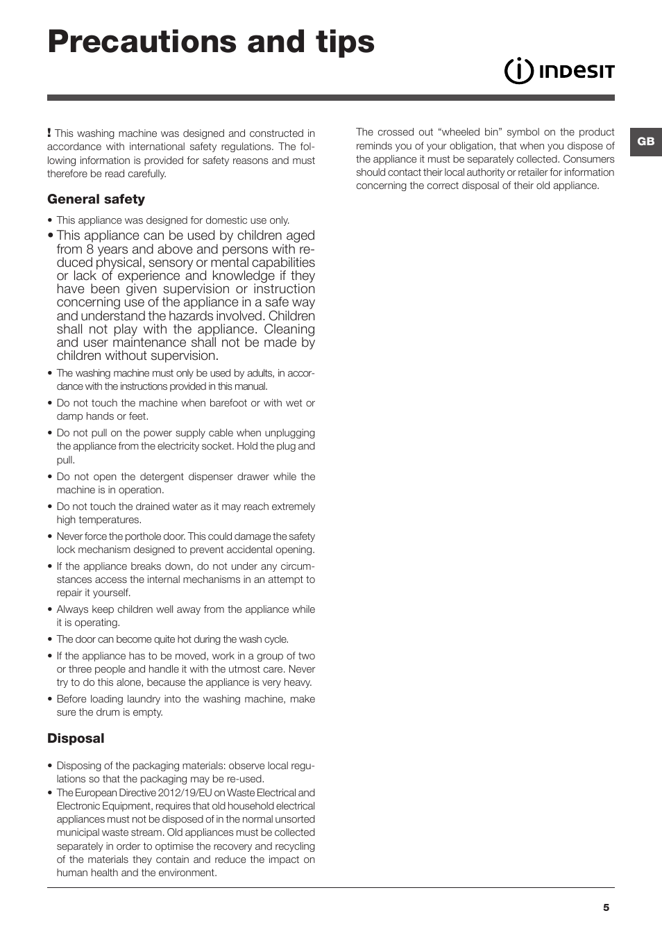 Precautions and tips | Indesit IWSE-61281-C-ECO-EU User Manual | Page 5 / 84