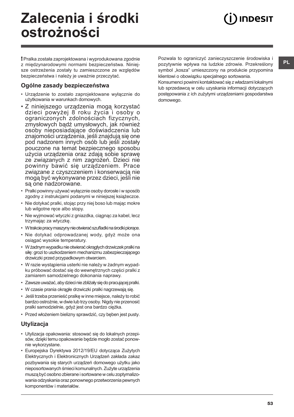 Zalecenia i środki ostrożności | Indesit IWSE-61281-C-ECO-EU User Manual | Page 53 / 84