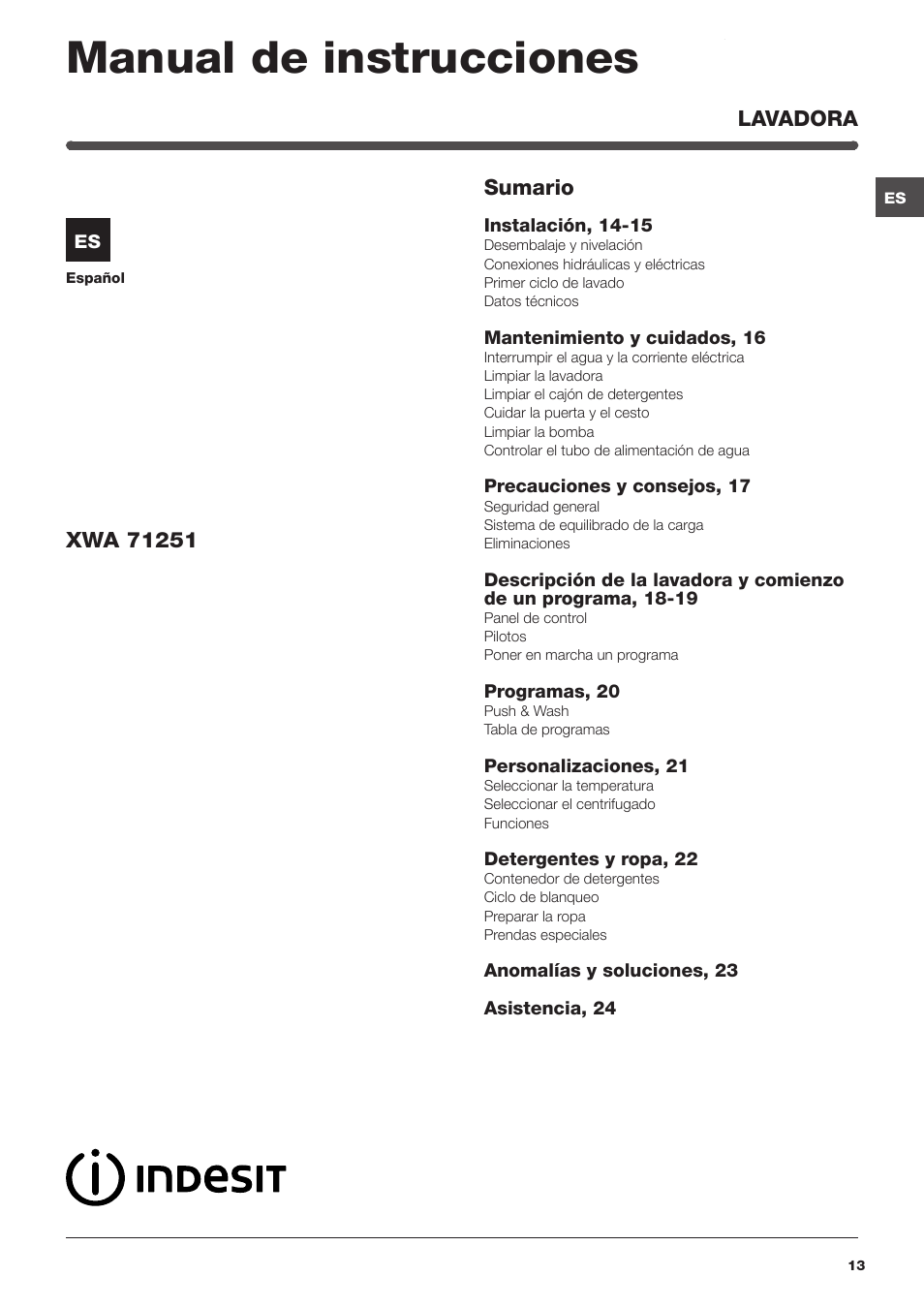 Manual de instrucciones | Indesit XWA-71251-WWG-EU User Manual | Page 13 / 48