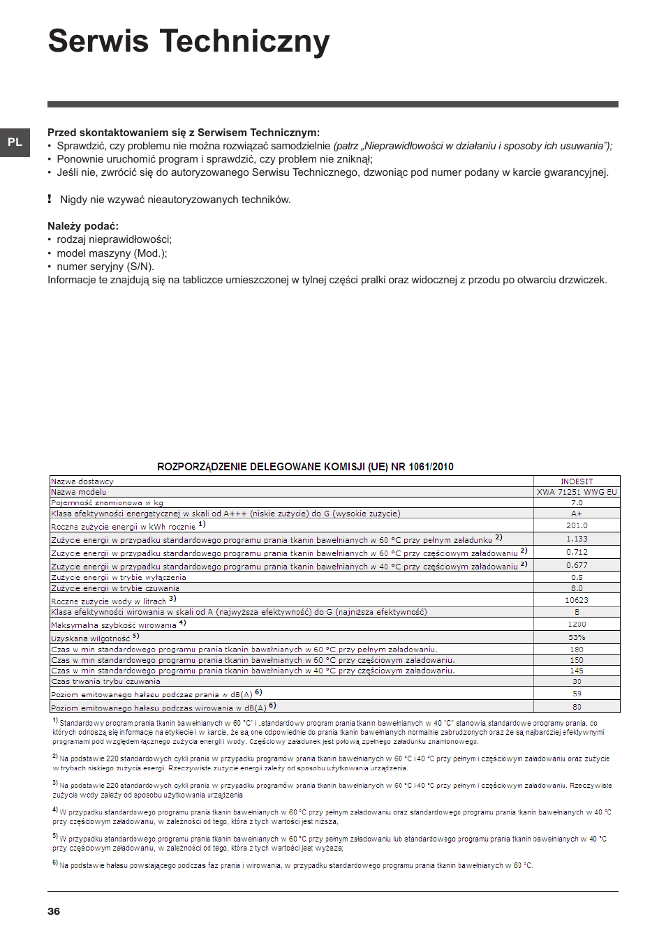 Serwis techniczny | Indesit XWA-71251-WWG-EU User Manual | Page 36 / 48