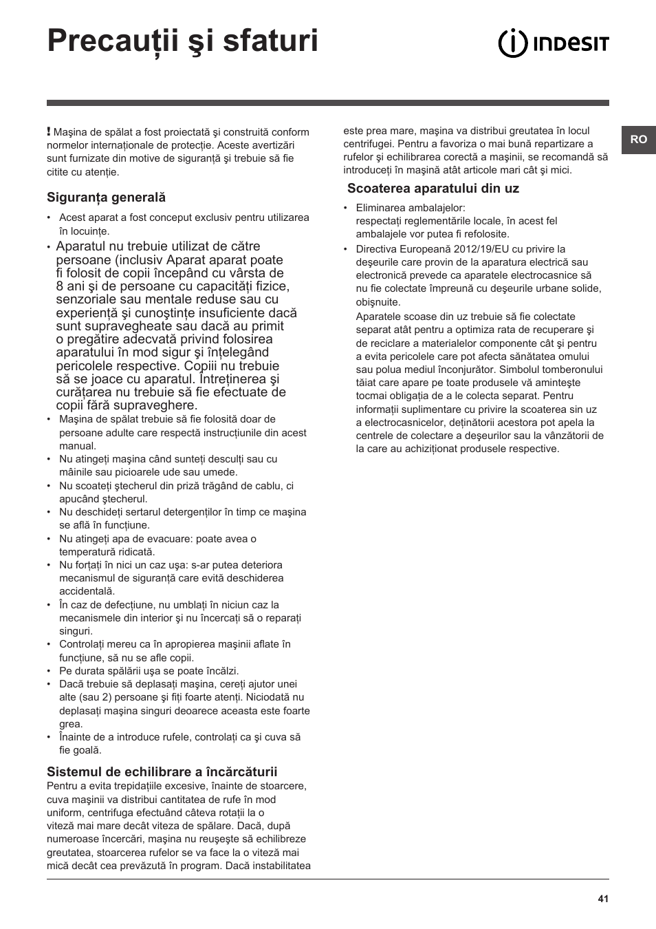 Precauţii şi sfaturi | Indesit XWA-71251-WWG-EU User Manual | Page 41 / 48