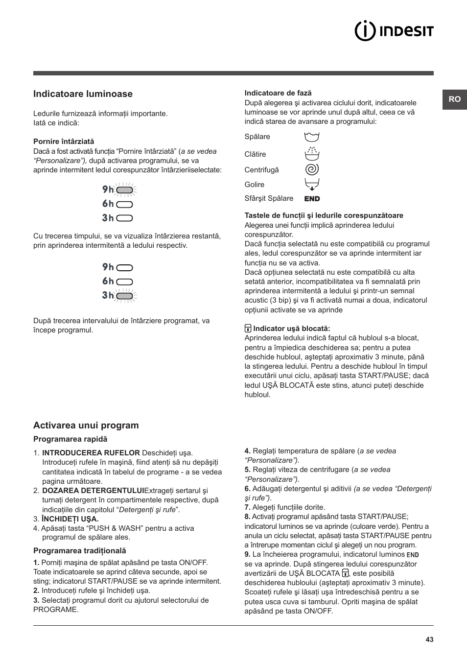Indicatoare luminoase, Activarea unui program | Indesit XWA-71251-WWG-EU User Manual | Page 43 / 48