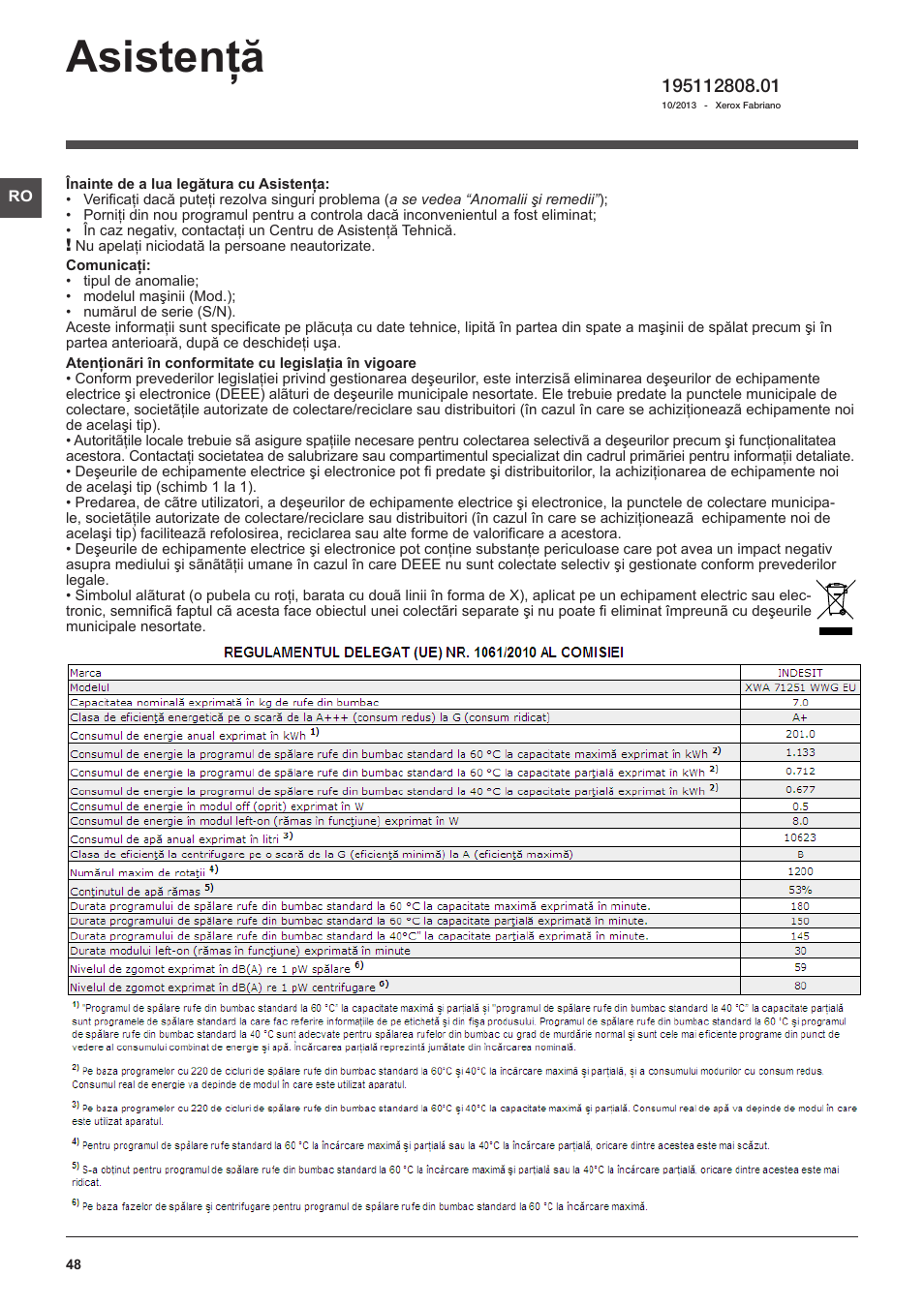 Asistenţă | Indesit XWA-71251-WWG-EU User Manual | Page 48 / 48