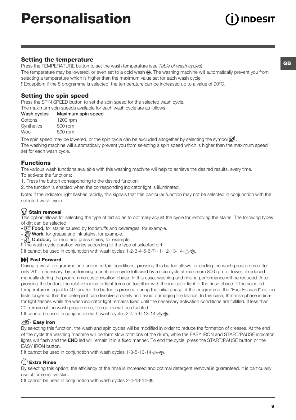 Personalisation | Indesit XWA-71251-WWG-EU User Manual | Page 9 / 48