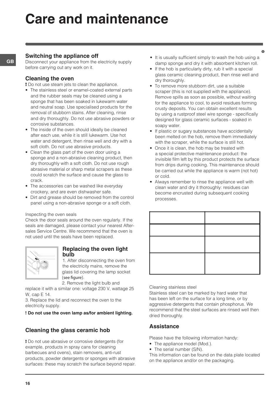 Care and maintenance, Switching the appliance off, Cleaning the oven | Replacing the oven light bulb, Cleaning the glass ceramic hob, Assistance | Indesit KN3C650A(X)-U-S User Manual | Page 16 / 52