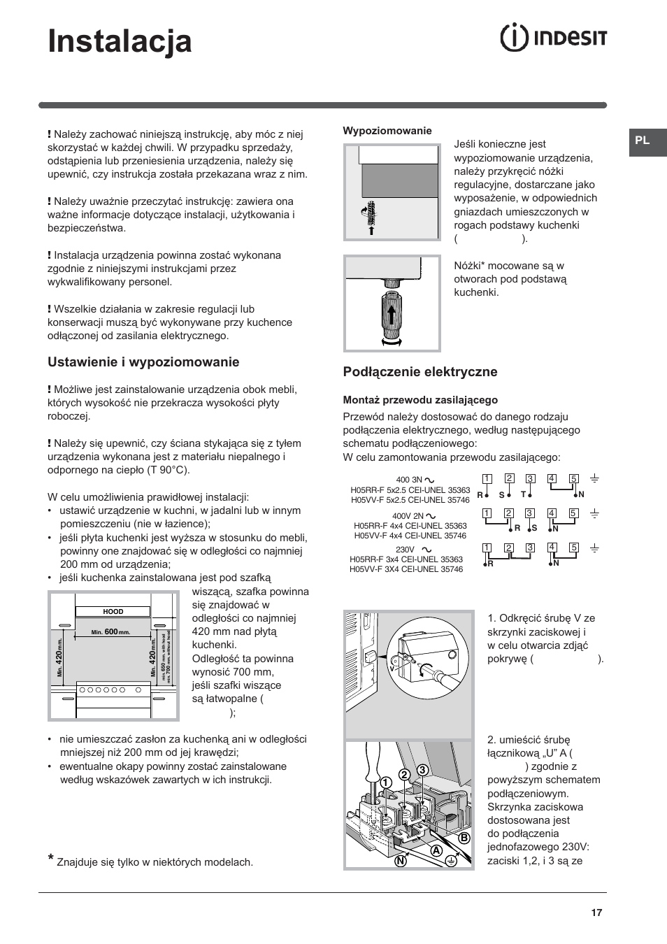 Instalacja, Ustawienie i wypoziomowanie, Podłączenie elektryczne | Indesit KN3C650A(X)-U-S User Manual | Page 17 / 52