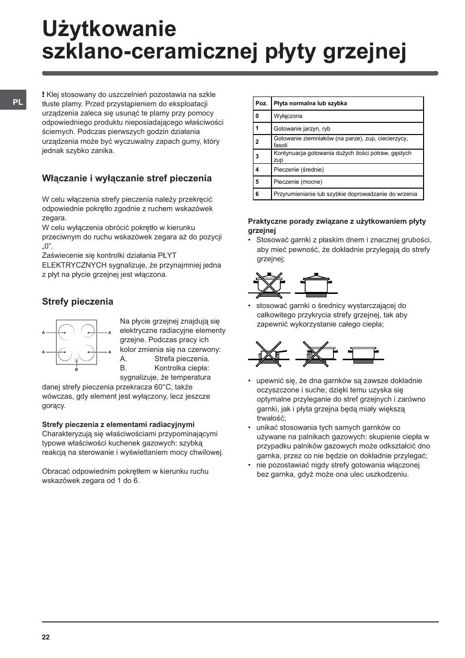 Użytkowanie szklano-ceramicznej płyty grzejnej, Włączanie i wyłączanie stref pieczenia, Strefy pieczenia | Indesit KN3C650A(X)-U-S User Manual | Page 22 / 52