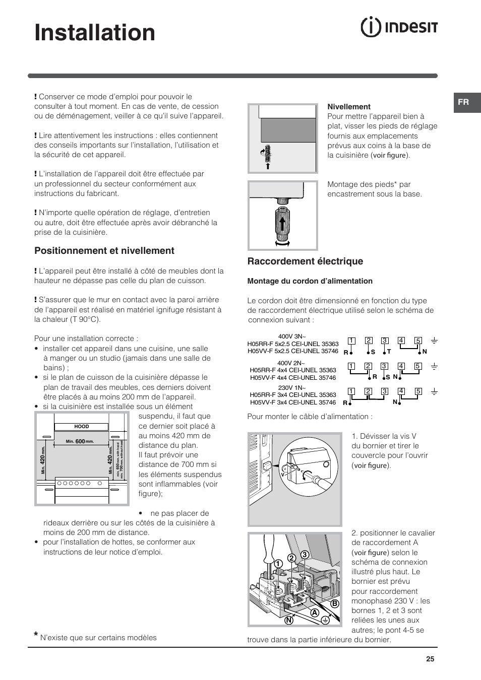 Installation, Positionnement et nivellement, Raccordement électrique | Indesit KN3C650A(X)-U-S User Manual | Page 25 / 52