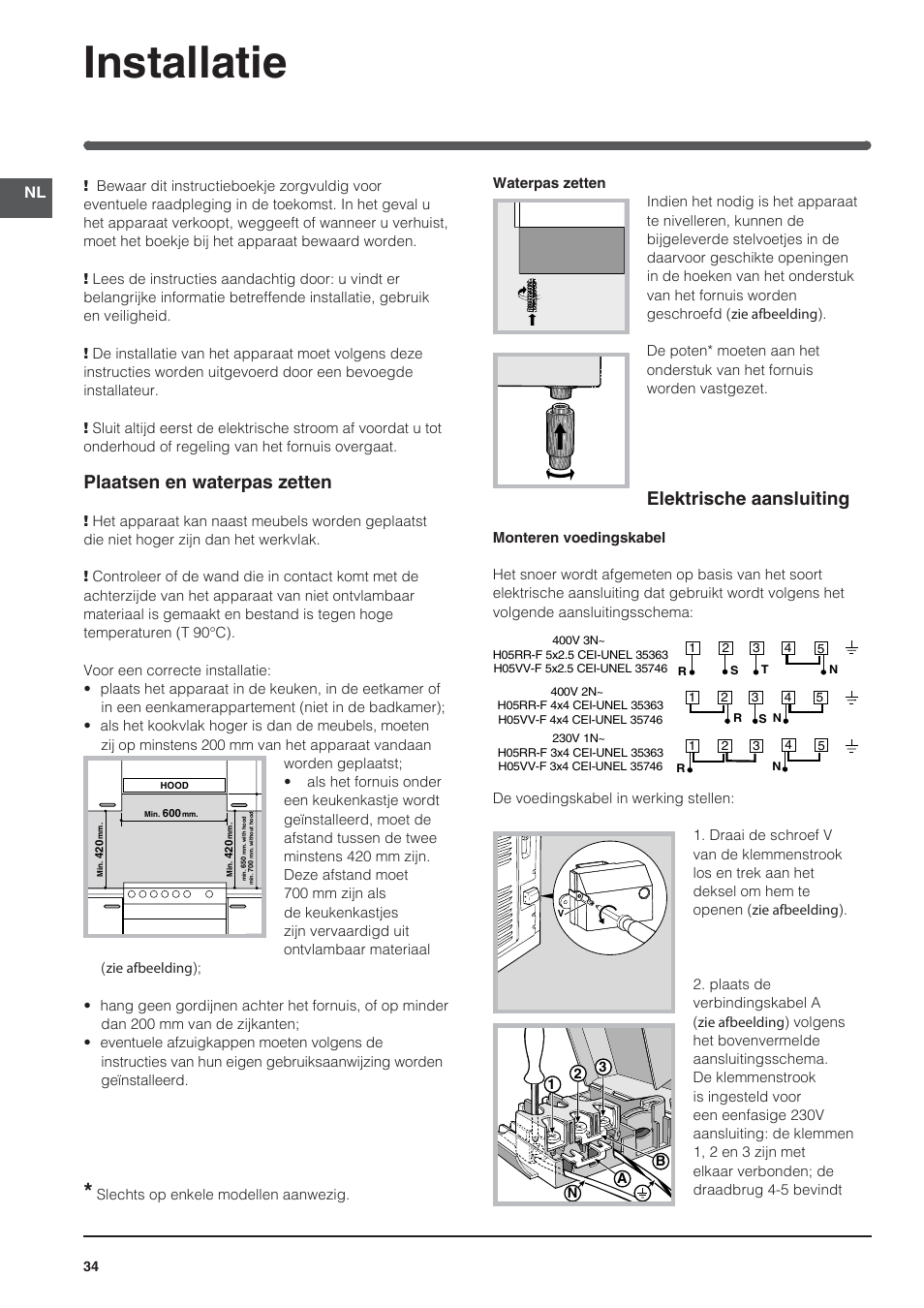 Installatie, Plaatsen en waterpas zetten, Elektrische aansluiting | Indesit KN3C650A(X)-U-S User Manual | Page 34 / 52