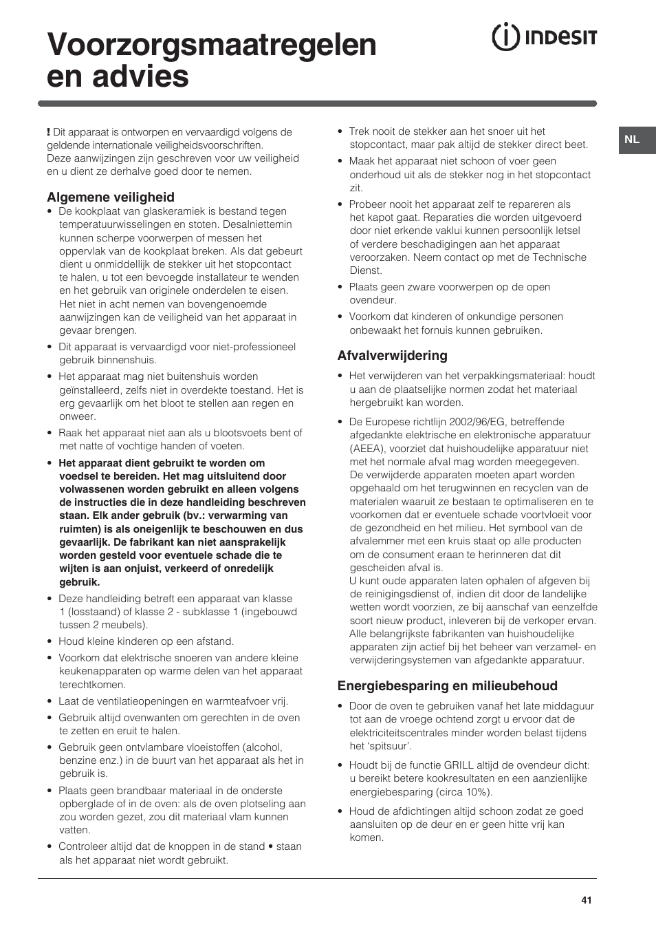 Voorzorgsmaatregelen en advies | Indesit KN3C650A(X)-U-S User Manual | Page 41 / 52