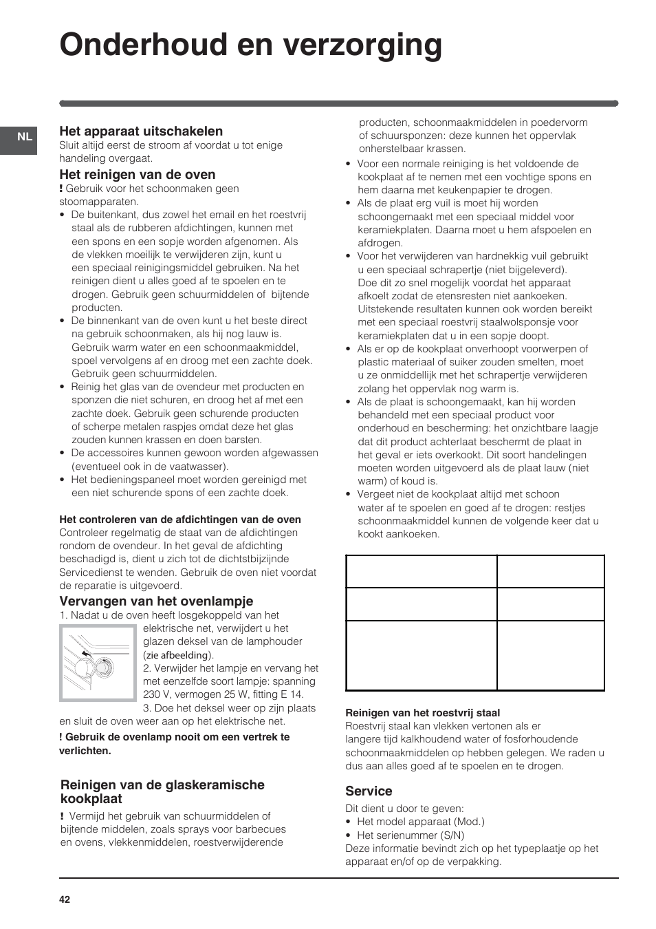 Onderhoud en verzorging | Indesit KN3C650A(X)-U-S User Manual | Page 42 / 52