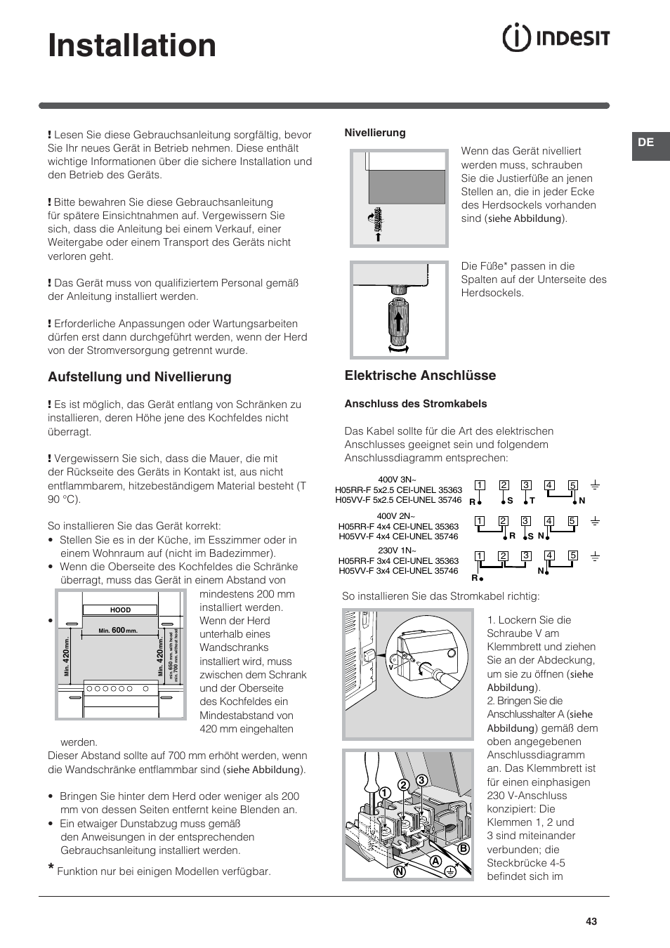 Installation, Aufstellung und nivellierung, Elektrische anschlüsse | Indesit KN3C650A(X)-U-S User Manual | Page 43 / 52