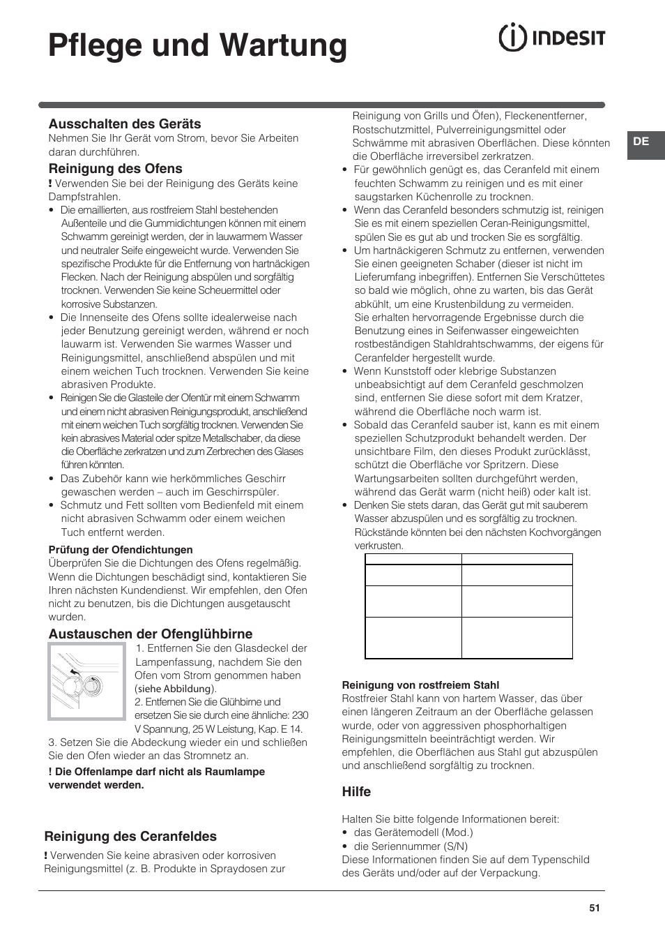 Pflege und wartung | Indesit KN3C650A(X)-U-S User Manual | Page 51 / 52