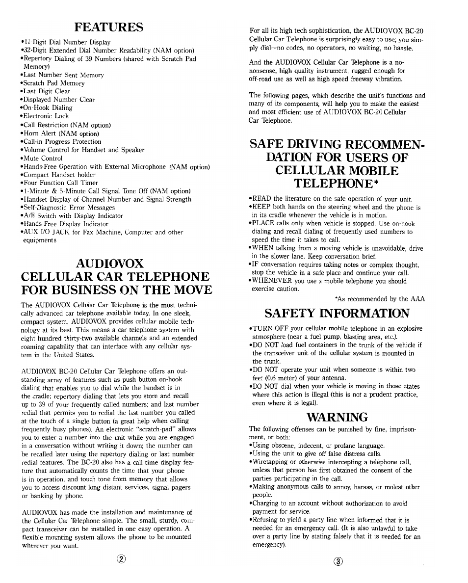 Features, Safety information, Warning | Audiovox BC-20 User Manual | Page 2 / 10