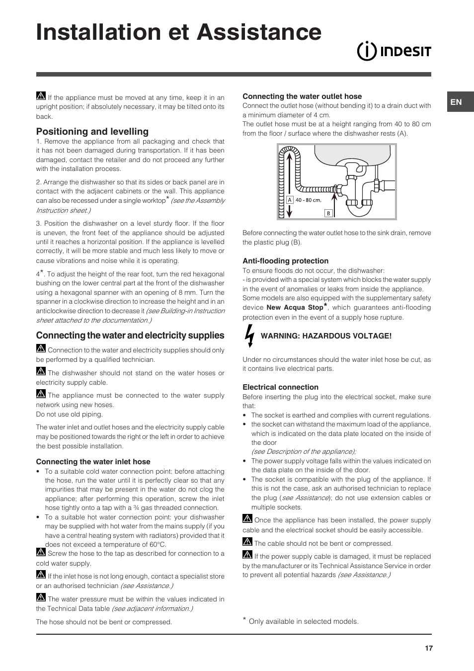 Installation et assistance, Positioning and levelling, Connecting the water and electricity supplies | Indesit DSG-5731 User Manual | Page 17 / 80