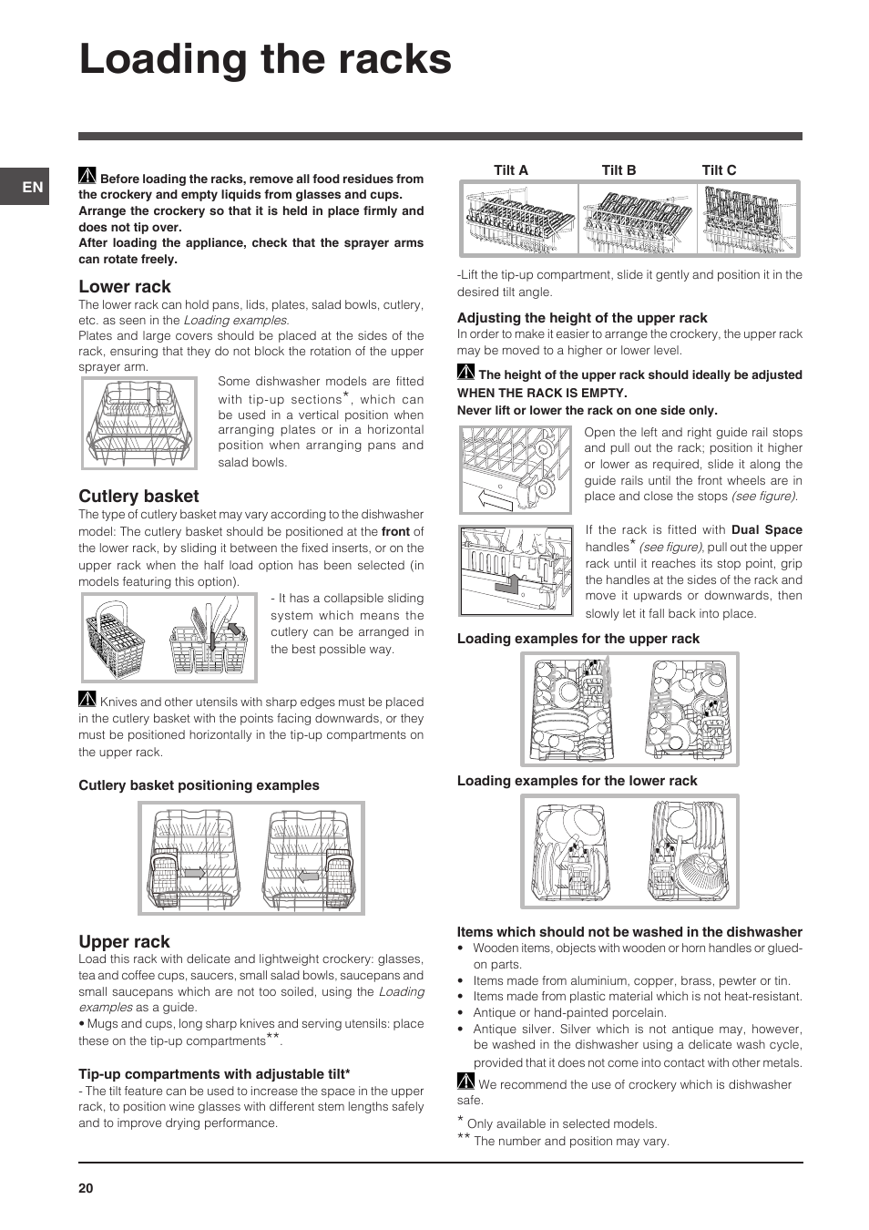 Loading the racks, Lower rack, Cutlery basket | Upper rack | Indesit DSG-5731 User Manual | Page 20 / 80