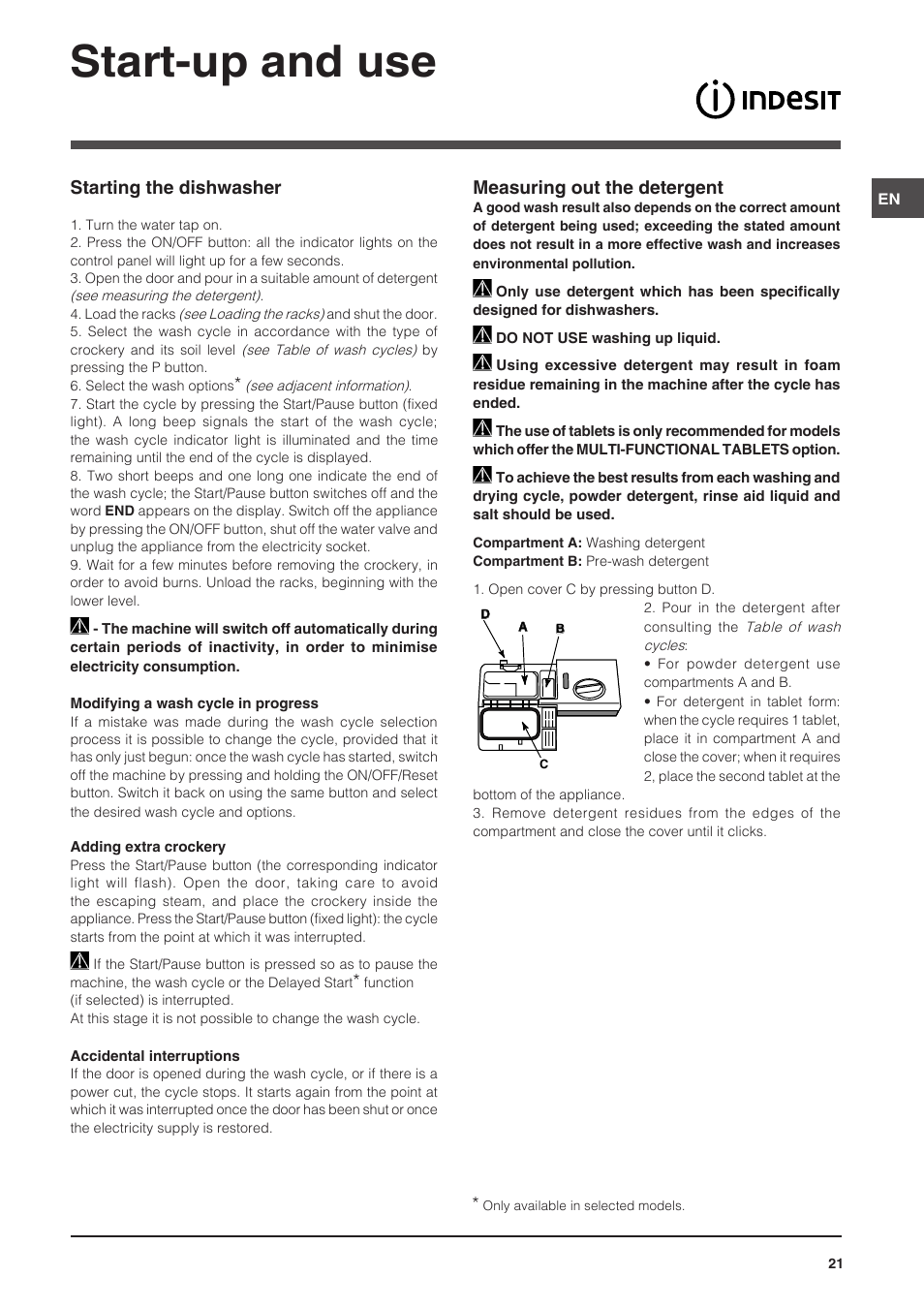 Start-up and use, Measuring out the detergent, Starting the dishwasher | Indesit DSG-5731 User Manual | Page 21 / 80
