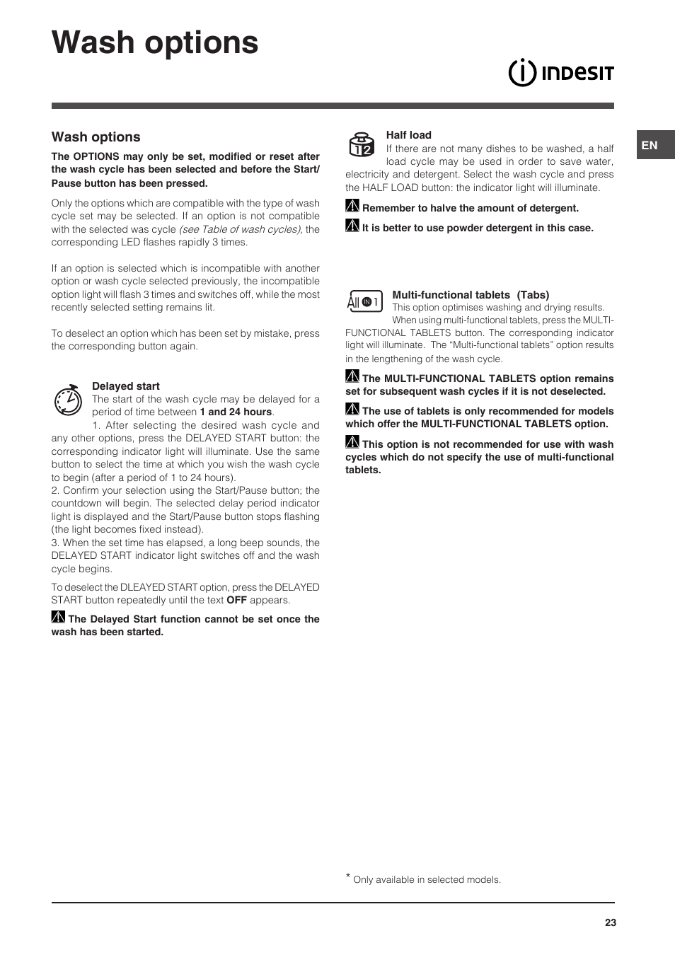 Wash options | Indesit DSG-5731 User Manual | Page 23 / 80