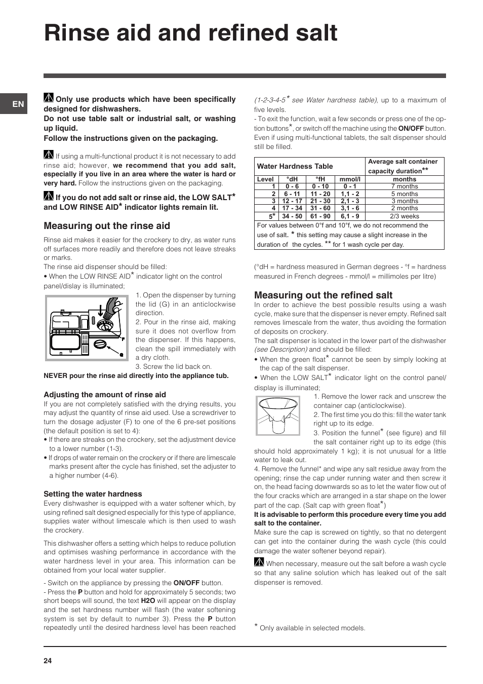 Rinse aid and refined salt, Measuring out the rinse aid, Measuring out the refined salt | Indesit DSG-5731 User Manual | Page 24 / 80