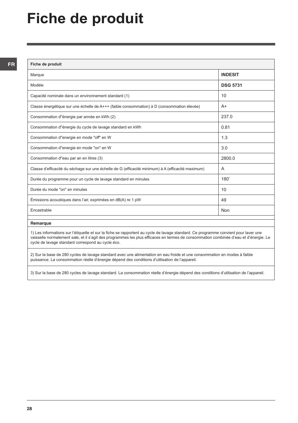 Fiche de produit | Indesit DSG-5731 User Manual | Page 28 / 80