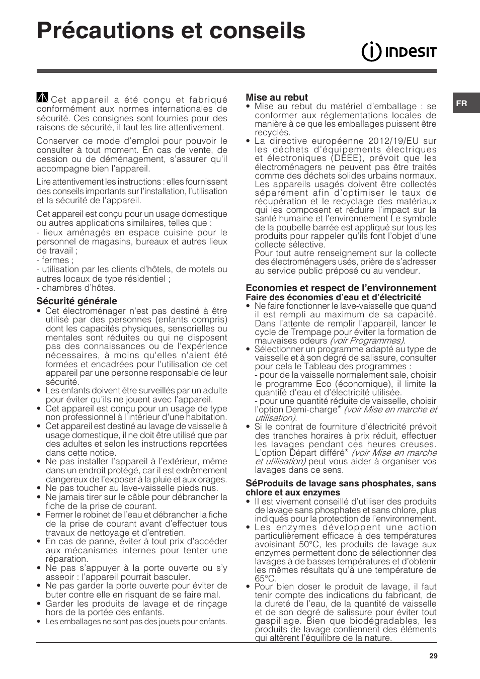 Précautions et conseils | Indesit DSG-5731 User Manual | Page 29 / 80