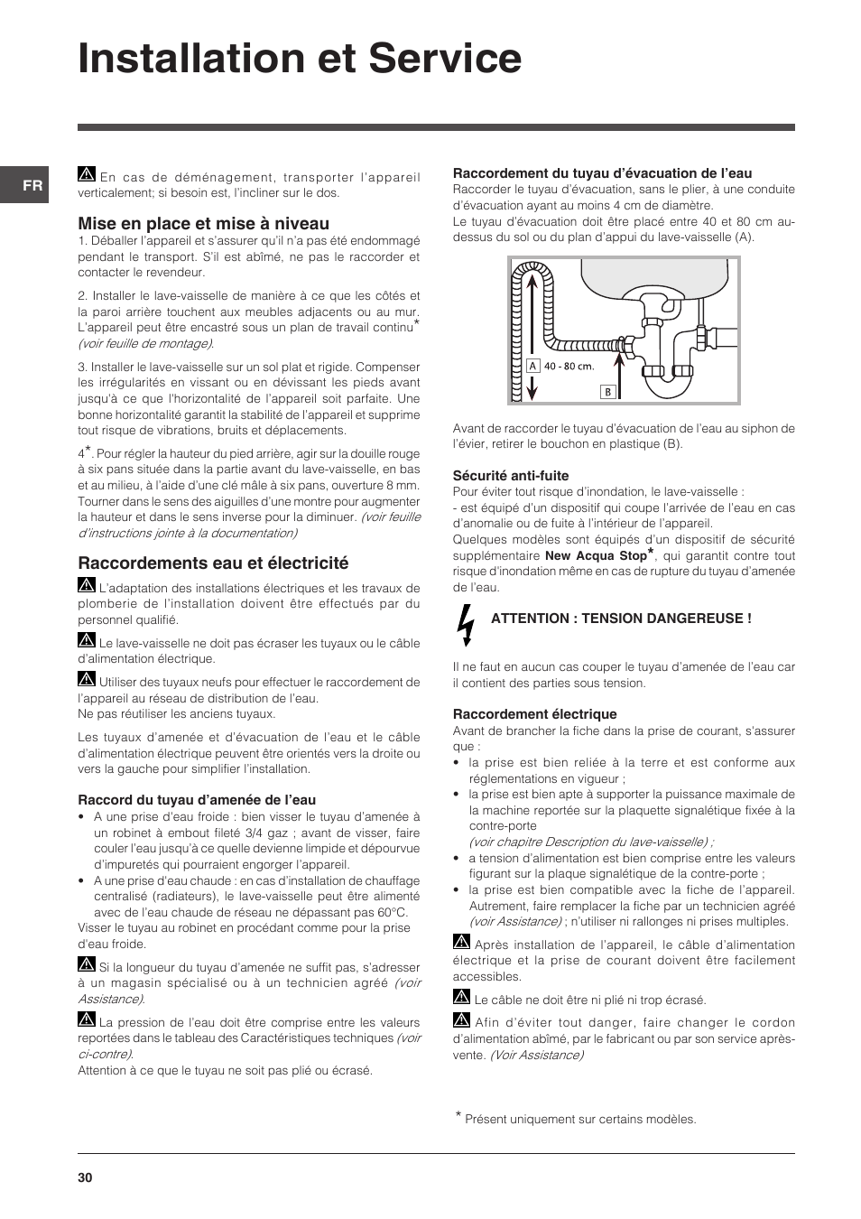 Installation et service, Mise en place et mise à niveau, Raccordements eau et électricité | Indesit DSG-5731 User Manual | Page 30 / 80