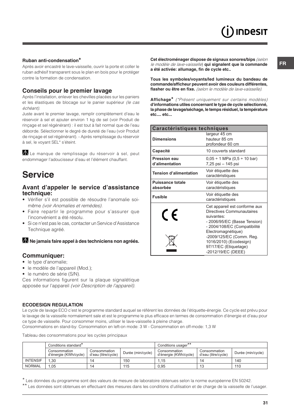 Service, Conseils pour le premier lavage, Avant d’appeler le service d’assistance technique | Communiquer | Indesit DSG-5731 User Manual | Page 31 / 80