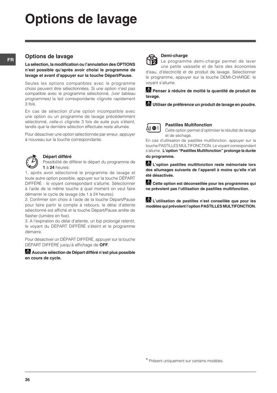 Options de lavage | Indesit DSG-5731 User Manual | Page 36 / 80