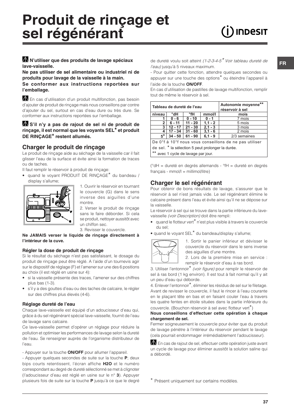 Produit de rinçage et sel régénérant, Charger le produit de rinçage, Charger le sel régénérant | Indesit DSG-5731 User Manual | Page 37 / 80