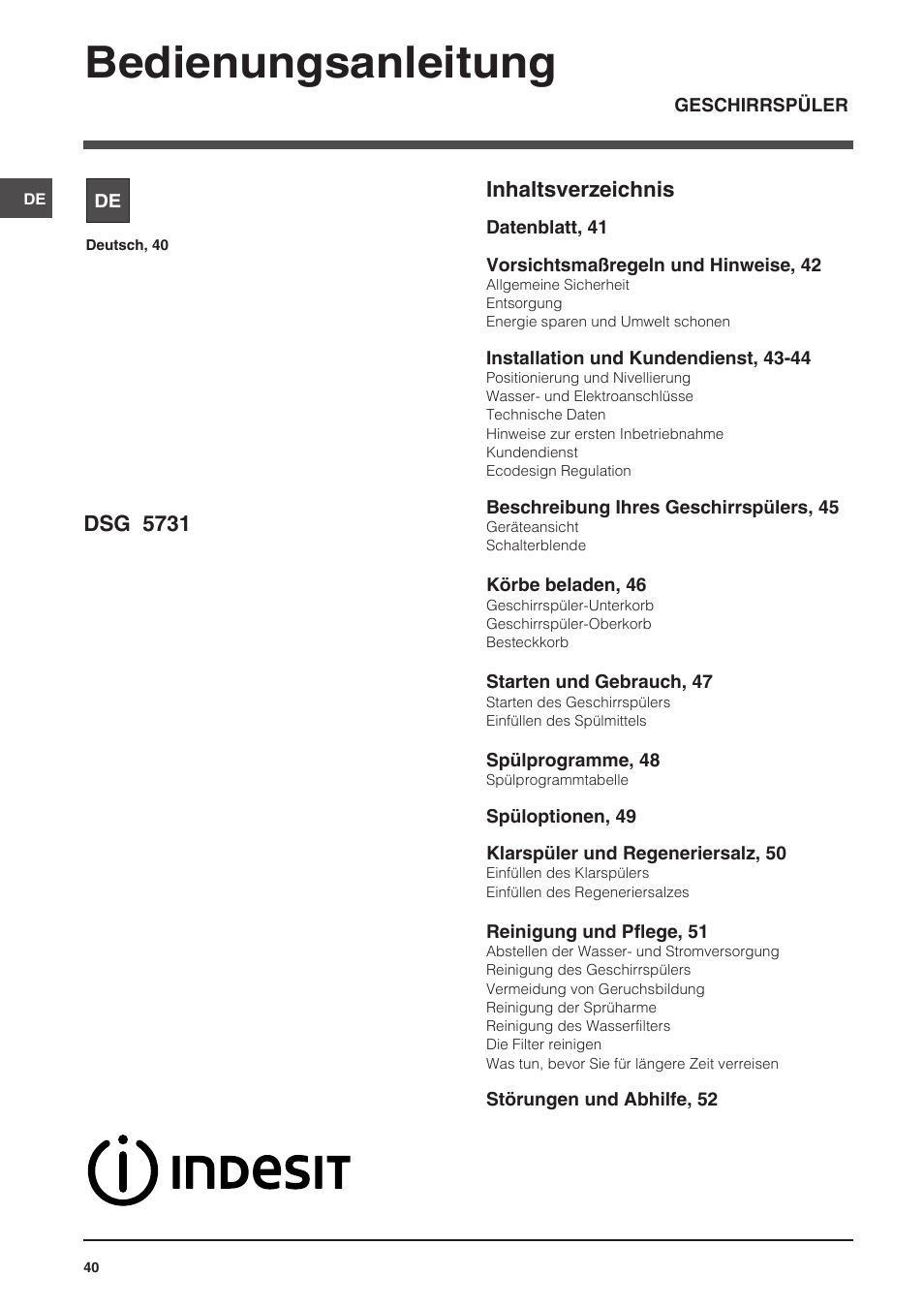 11813400_de, Bedienungsanleitung | Indesit DSG-5731 User Manual | Page 40 / 80