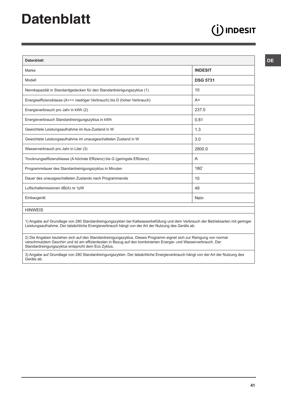 Datenblatt | Indesit DSG-5731 User Manual | Page 41 / 80