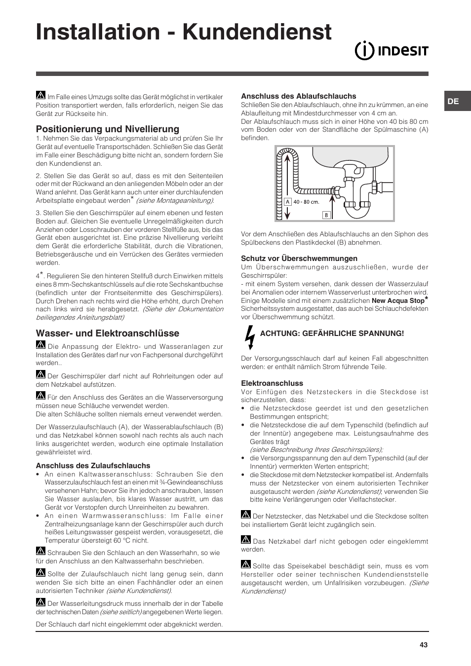 Installation - kundendienst, Positionierung und nivellierung, Wasser- und elektroanschlüsse | Indesit DSG-5731 User Manual | Page 43 / 80