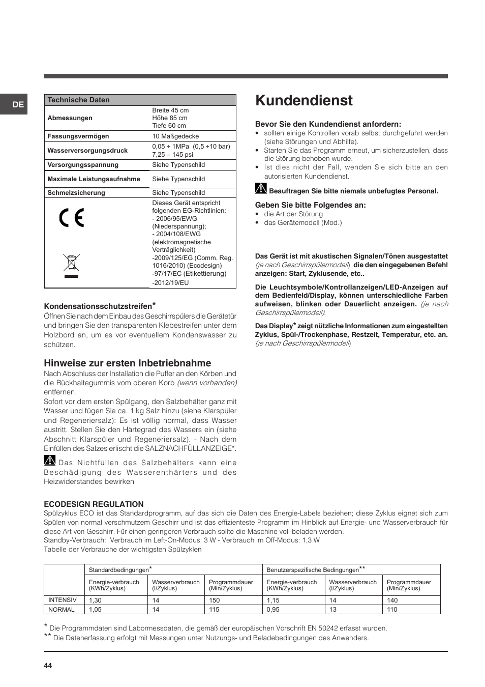 Kundendienst, Hinweise zur ersten inbetriebnahme | Indesit DSG-5731 User Manual | Page 44 / 80