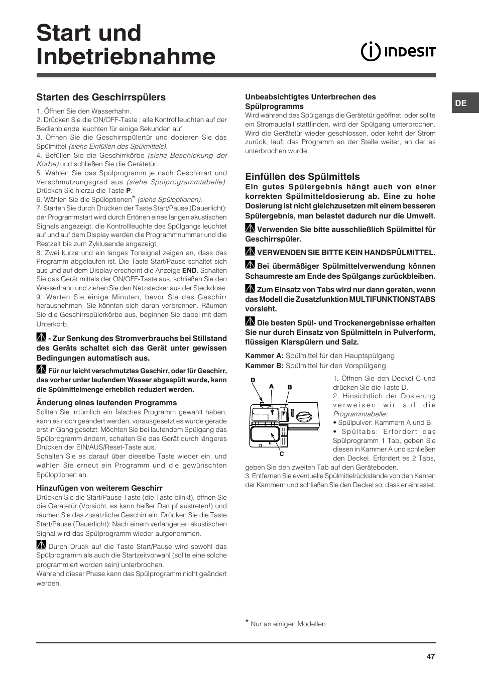 Start und inbetriebnahme, Einfüllen des spülmittels, Starten des geschirrspülers | Indesit DSG-5731 User Manual | Page 47 / 80