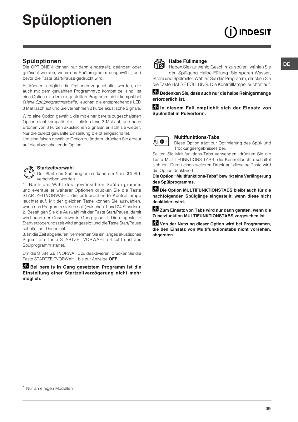 Spüloptionen | Indesit DSG-5731 User Manual | Page 49 / 80