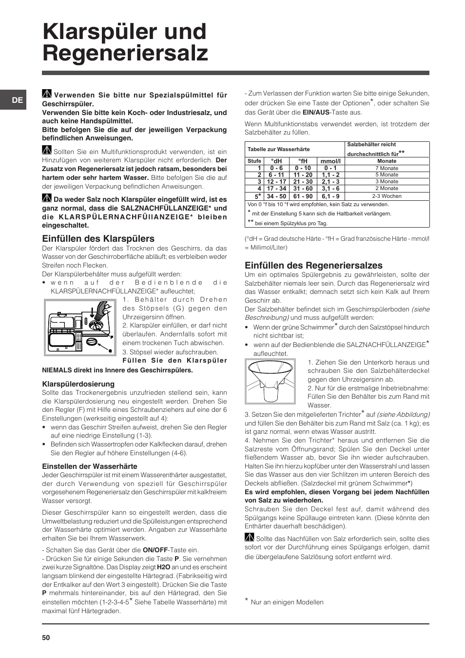 Klarspüler und regeneriersalz, Einfüllen des klarspülers, Einfüllen des regeneriersalzes | Indesit DSG-5731 User Manual | Page 50 / 80