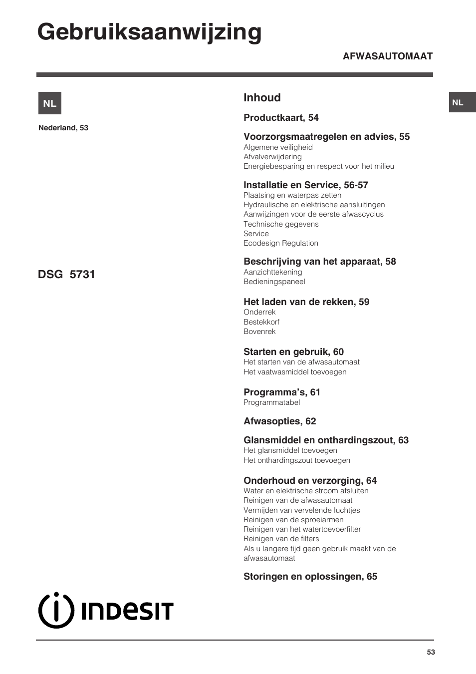 11813400_nl, Gebruiksaanwijzing, Dsg 5731 | Inhoud | Indesit DSG-5731 User Manual | Page 53 / 80