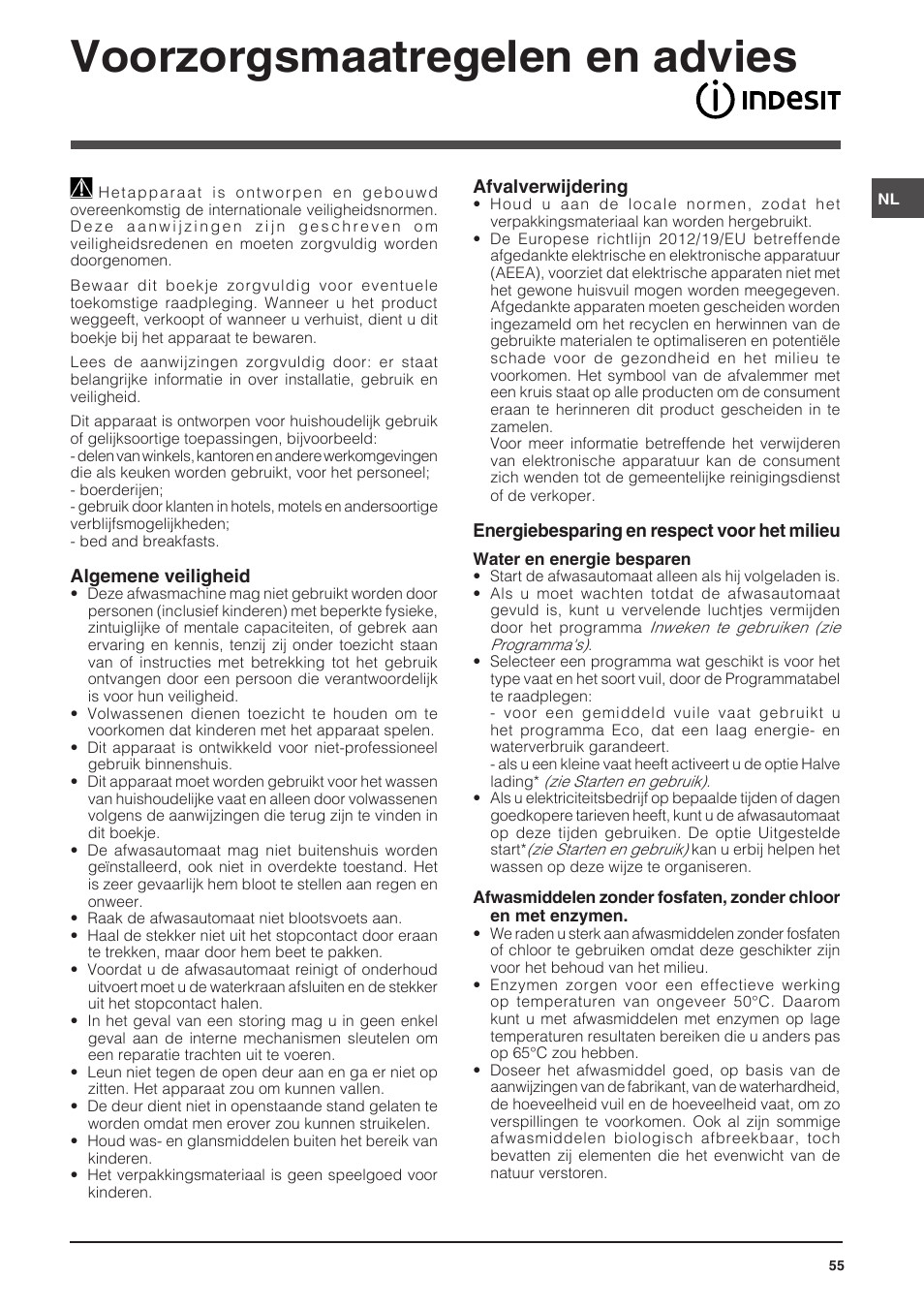 Voorzorgsmaatregelen en advies | Indesit DSG-5731 User Manual | Page 55 / 80