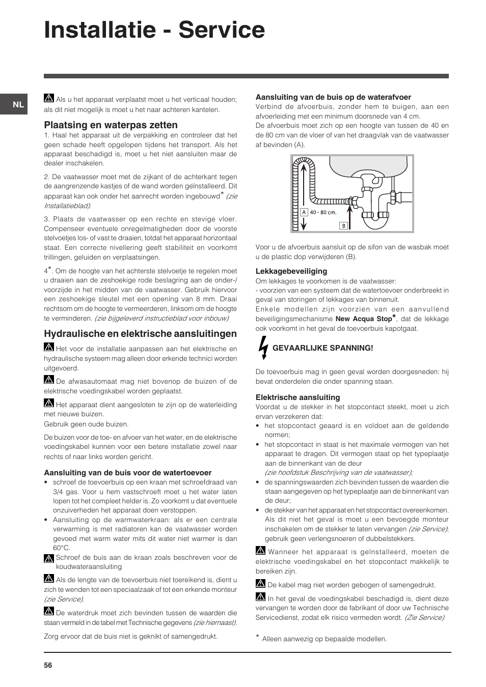 Installatie - service, Plaatsing en waterpas zetten, Hydraulische en elektrische aansluitingen | Indesit DSG-5731 User Manual | Page 56 / 80