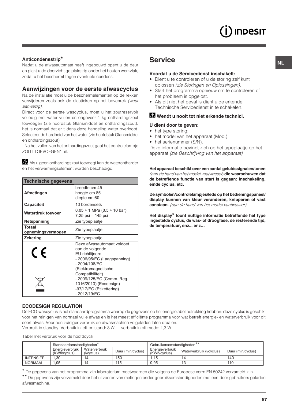 Service, Aanwijzingen voor de eerste afwascyclus | Indesit DSG-5731 User Manual | Page 57 / 80
