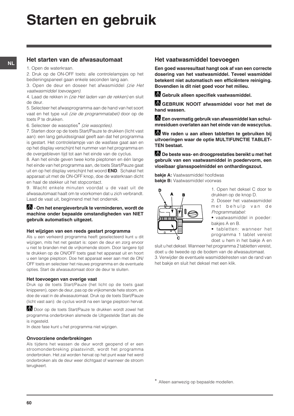 Starten en gebruik, Het vaatwasmiddel toevoegen, Het starten van de afwasautomaat | Indesit DSG-5731 User Manual | Page 60 / 80