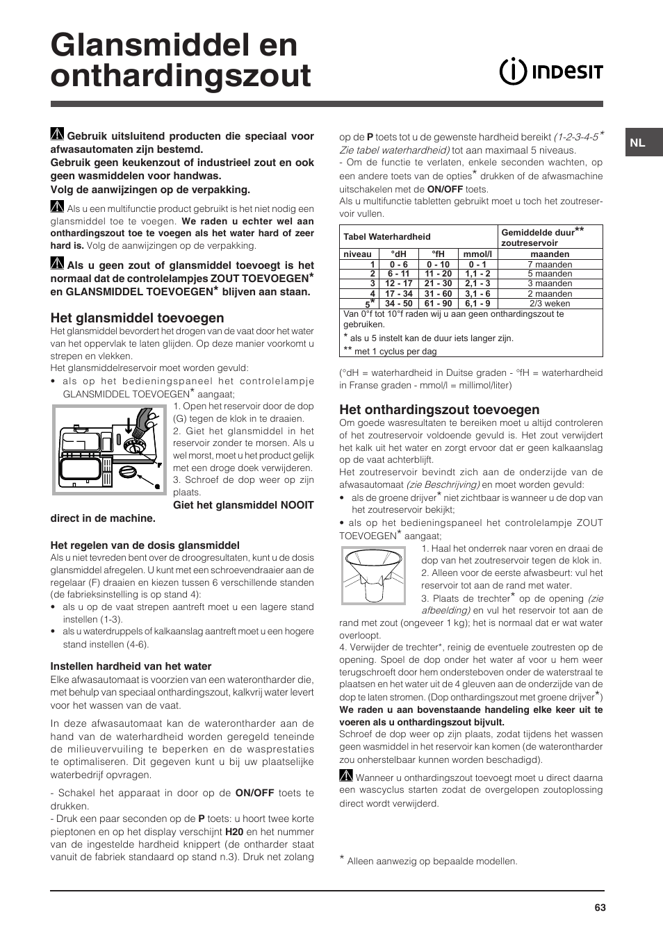 Glansmiddel en onthardingszout, Het glansmiddel toevoegen, Het onthardingszout toevoegen | Indesit DSG-5731 User Manual | Page 63 / 80