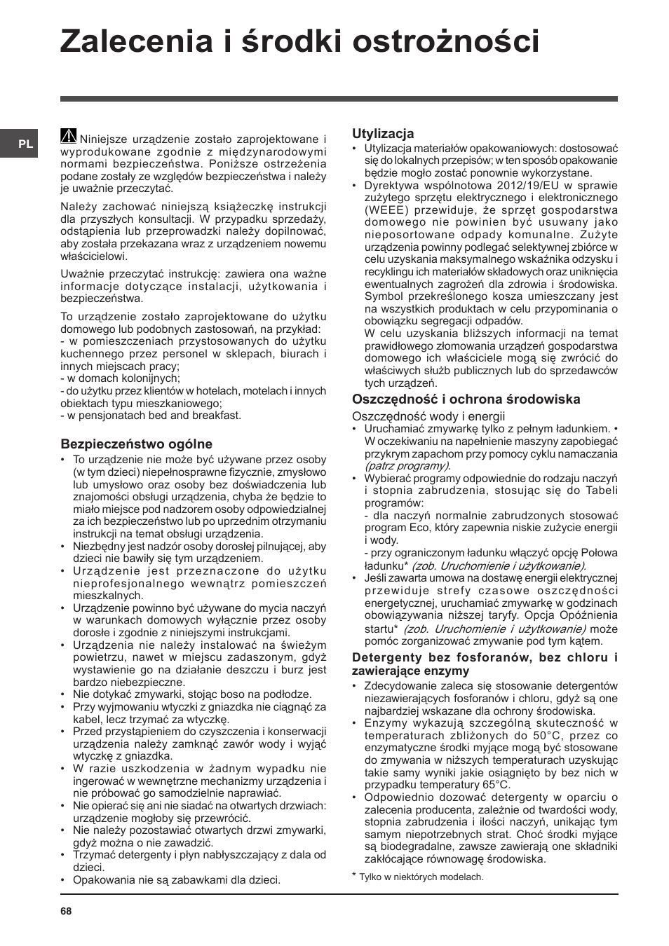 Zalecenia i środki ostrożności | Indesit DSG-5731 User Manual | Page 68 / 80