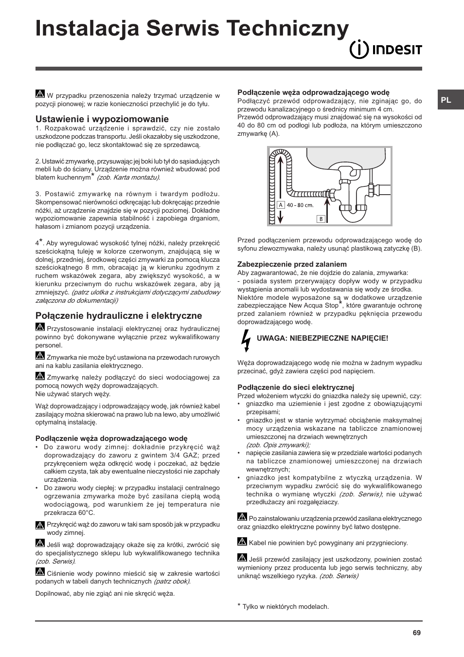 Instalacja serwis techniczny, Ustawienie i wypoziomowanie, Połączenie hydrauliczne i elektryczne | Indesit DSG-5731 User Manual | Page 69 / 80