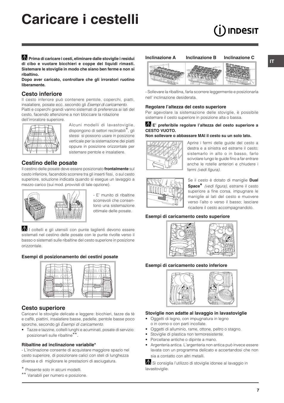 Caricare i cestelli, Cesto inferiore, Cestino delle posate | Cesto superiore | Indesit DSG-5731 User Manual | Page 7 / 80