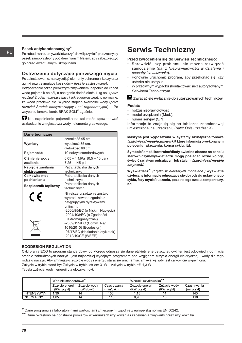 Serwis techniczny, Ostrzeżenia dotyczące pierwszego mycia | Indesit DSG-5731 User Manual | Page 70 / 80