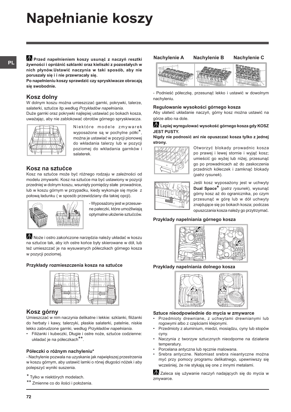 Napełnianie koszy, Kosz dolny, Kosz na sztućce | Kosz górny | Indesit DSG-5731 User Manual | Page 72 / 80