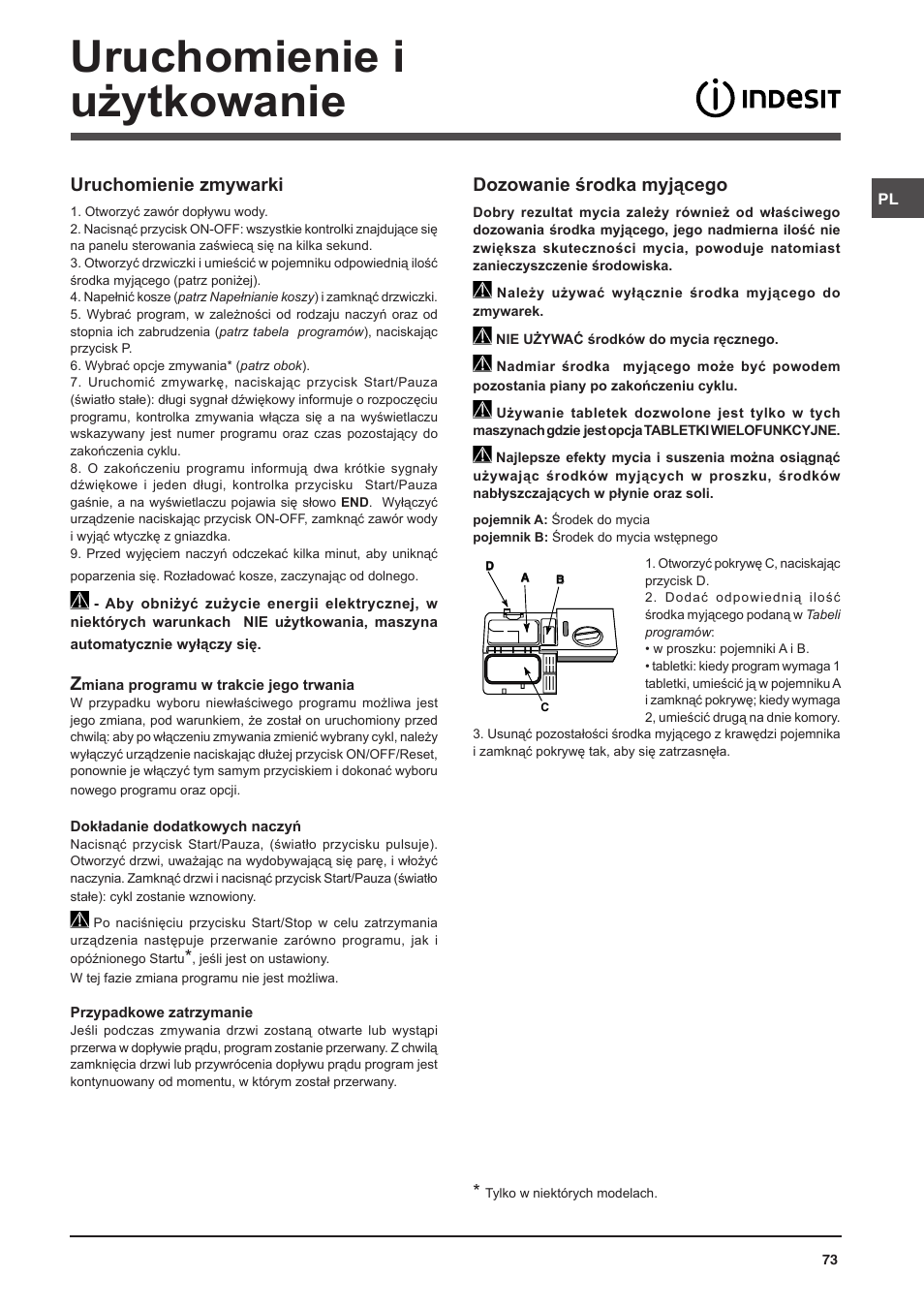 Uruchomienie i użytkowanie, Dozowanie środka myjącego, Uruchomienie zmywarki | Indesit DSG-5731 User Manual | Page 73 / 80