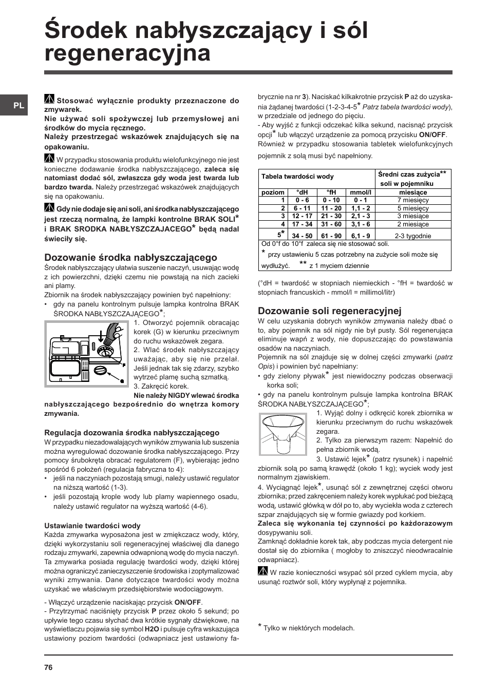 Środek nabłyszczający i sól regeneracyjna, Dozowanie środka nabłyszczającego, Dozowanie soli regeneracyjnej | Indesit DSG-5731 User Manual | Page 76 / 80